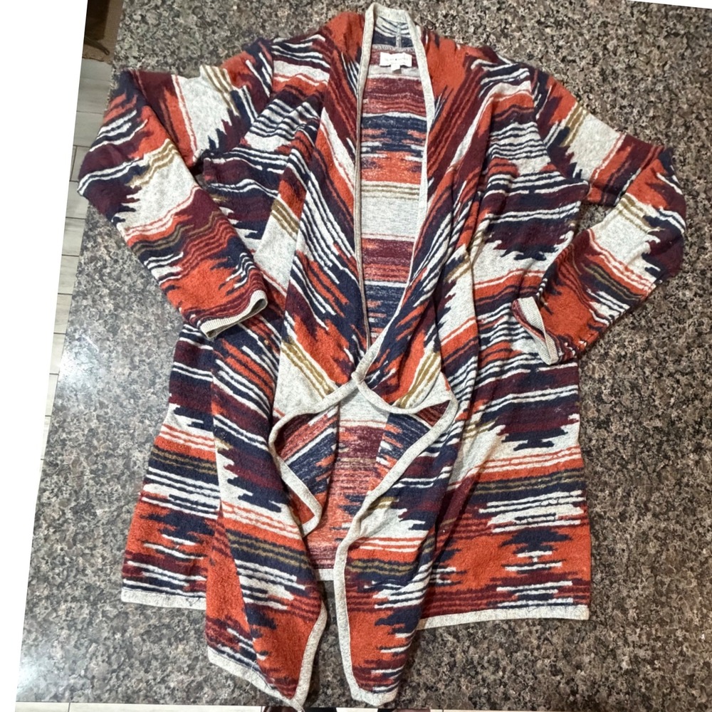 Lucky Brand Womens Southwestern Open Front Cardigan Orange Blue Geometric Medium